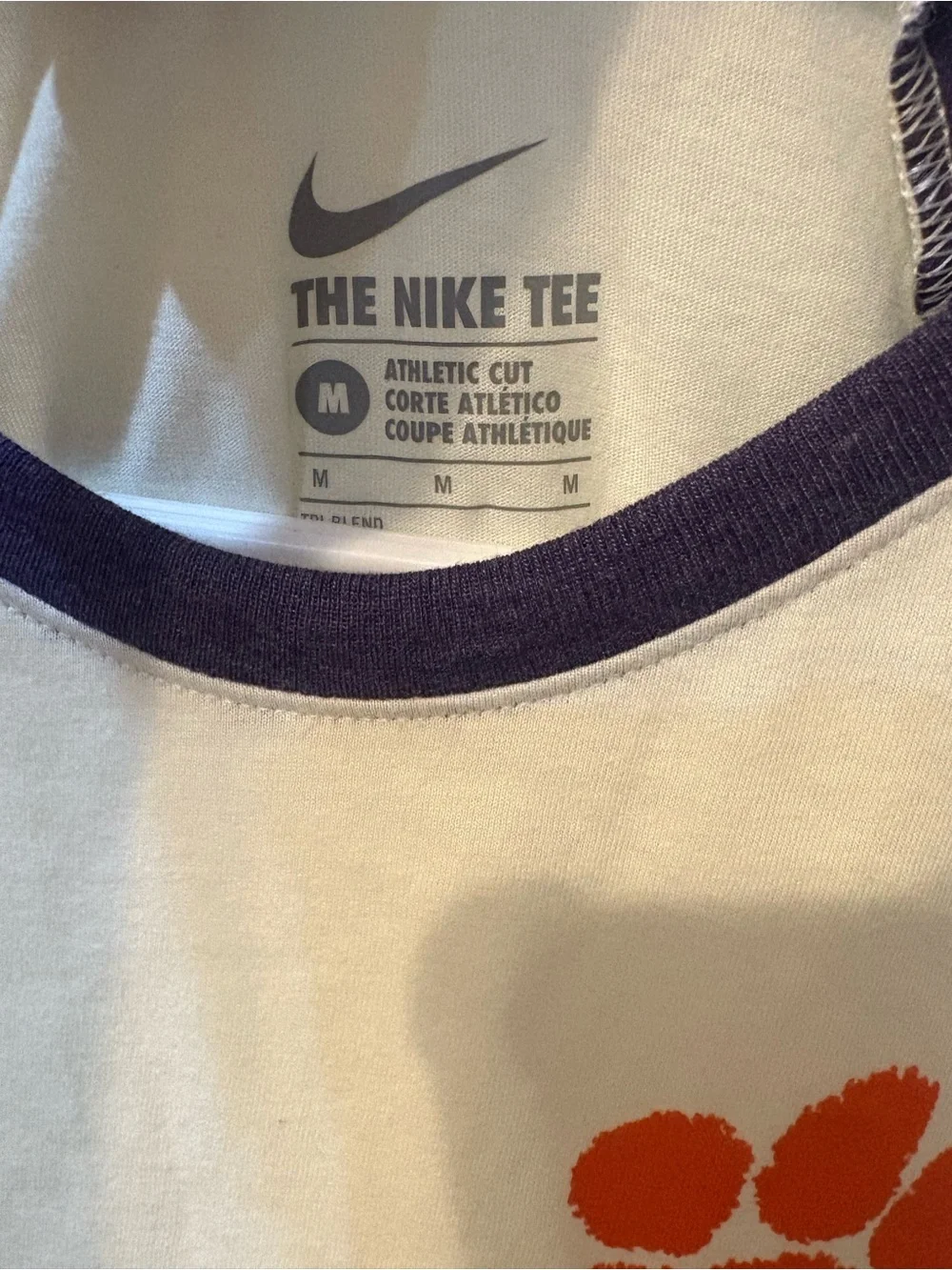Clemson Nike Women's White Tee with Purple Raglan Sleeves and Orange Paw Prints